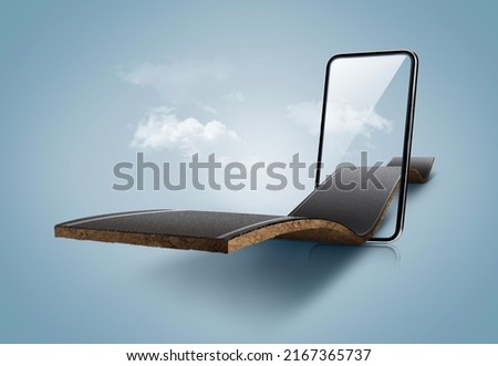 3d illustration of mobile with road isolated. home delivery creative concept.  Royalty-Free Stock Photo #2167365737