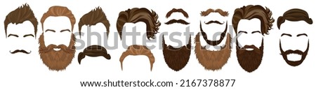 Mens hairstyles and beard set vector illustration. Realistic hipsters masks with curly hair, fake mustache in variation style, male haircut collection isolated on white. Barbershop, beauty concept