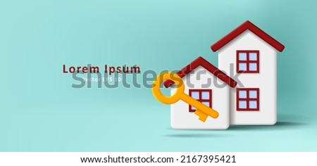 Digital illustration of detached houses with a key, 3d