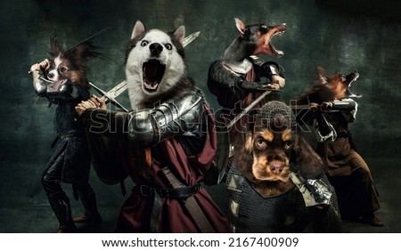 Dogs army. Creative art collage with brutal serious medieval warriors or knights war clothes with swords in motion, action isolated over dark vintage background. Comparison of eras, history