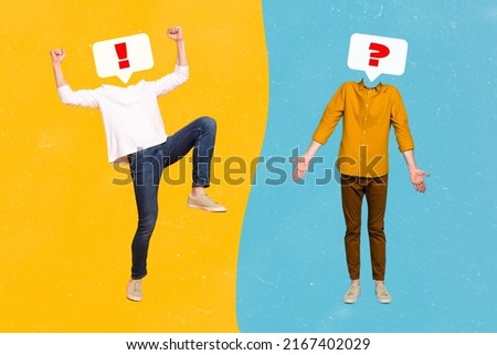 Composite collage image of two people different emotions win lose exclamation point question instead head divided into two halves colors Royalty-Free Stock Photo #2167402029
