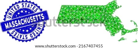 Blue rosette textured stamp seal and lowpoly Massachusetts State map mosaic in green colors. Triangulated Massachusetts State map polygonal 2d illustration, and corroded blue seal.