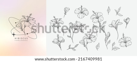 Set of luxury hibiscus flowers and logo. Trendy botanical elements. Hand drawn line leaves branches and blooming. Wedding elegant wildflowers for invitation save the date card. Vector trendy greenery