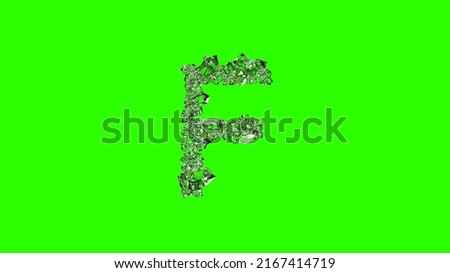 shining finest brilliants letter F on chroma key screen, isolated - object 3D illustration