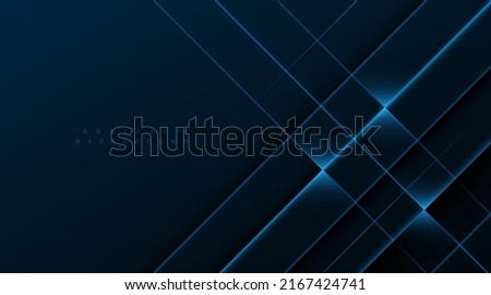 Abstract diagonal glowing lines on dark blue background. Modern banner template design. Overlap blue neon diagonal lines. Technology futuristic concept. Vector illustration Royalty-Free Stock Photo #2167424741