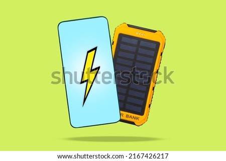 A smartphone with a lighting and a portable charger on a vivid light green background. Concept of power bank and energy.