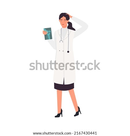 Worried female doctor with xray scan. Radiology worker, hospital medic vector illustration
