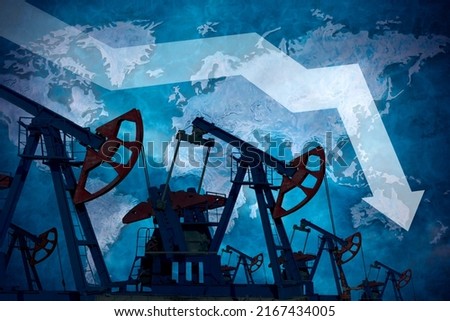 Decrease in oil production in world. Economic crisis, fuel default. Rejection of hydrocarbons. Oil supplies are down Royalty-Free Stock Photo #2167434005
