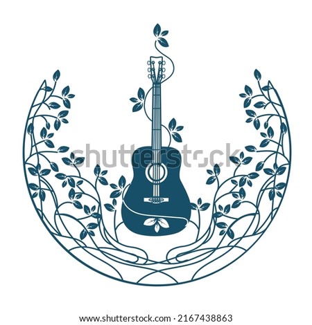 Silhouette of a guitar in vintage weaving from leaves and branches. Vector illustration.