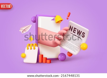 Smartphone Online news from social media and internet. Mobile news business conceptual creative idea. Hand takes paper news newspaper from phone. Realistic 3d cartoon design. vector illustration Royalty-Free Stock Photo #2167448131
