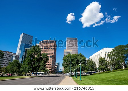 Denver city downtown skyline with blue sky