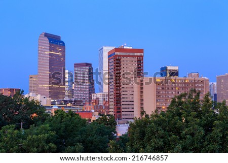 Denver skyline long exposure at twilight.