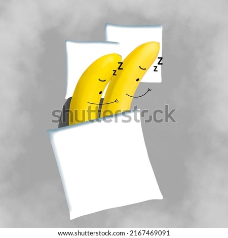 A couple of sleeping multicaplicated bananas are hugging and snoring on a bed under a blanket on a gray background. Relationships, love, night dreams. Modern design 