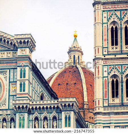 Florence Cathedral, Italy. Basilica di Santa Maria del Fiore or Duomo is one of the main landmarks in Florence. Famous historical architecture of Florence. Instagram vintage style photo. 