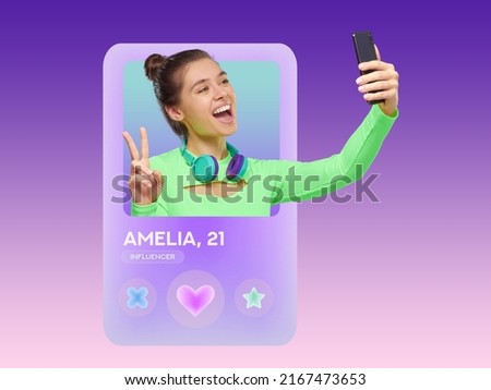 Young woman music lover taking selfie holding phone high, showing peace sign with index fingers for dating application profile on purple gradient background