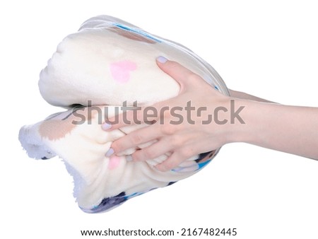 Kid soft blanket plaid in hand on white background isolation