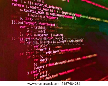 Programmer developer screen. Matrix byte of binary data rian code running abstract background in dark blue digital style. PHP development, software site code. PC software creation business