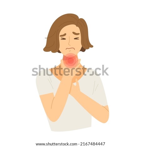 Young female having sore throat symptom isolated on white background. Character for covid-19, cold and flu, Pharyngitis or tonsil inflammation symptom. Flat vector cartoon. Royalty-Free Stock Photo #2167484447