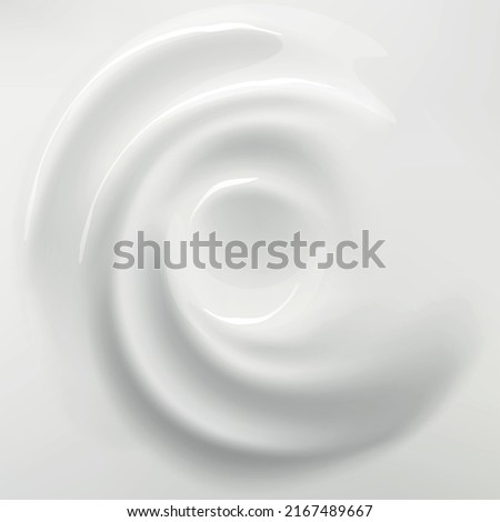 White cream background. Swirl blended mousse. Cosmetic or dairy product. Liquid spirals top view. Creamy whirlpool. Whipped vanilla dessert. Smooth vortex with twirls