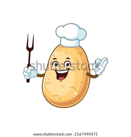 vector cartoon, character, and mascot of a moustache chef potato holding grill fork.