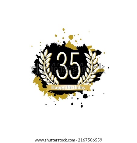 35years happy birthday with abstract black and gold leaf and ink bow 