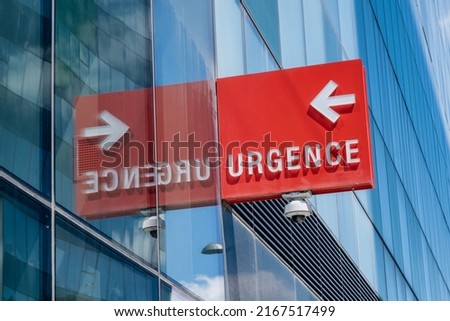Urgence (Emergency in french) sign on the facade of a hospital in Montreal, Canada