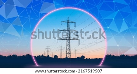 Safe transmission of electricity, preservation of the environment. High-voltage power lines under a protective dome. Graphic image of the control