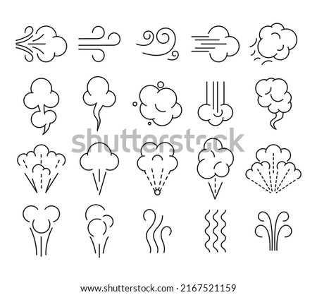 Smell icons. Wind flow, breathe aroma and puff cloud line art symbols. Smoking and breath vector illustration set of icons aroma and scent, puff and flow