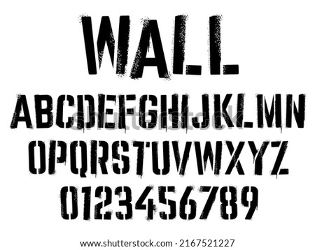 Stencil graffiti font. Aerosol spray text with grunge grain texture, paint splatter letters and numbers vector set. Illustration of dirty paint stencil, grunge graffiti spray Royalty-Free Stock Photo #2167521227