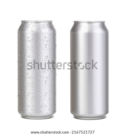 Long aluminium can with water drops, silver beer, soda or lemonade juice, coffee or energy drink mockup. Realistic vector aluminum cans with fresh cold water drops condensation for drink packaging Royalty-Free Stock Photo #2167521727