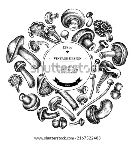Round design with black and white oyster mushroom, champignon, honey agaric, etc. Royalty-Free Stock Photo #2167522483