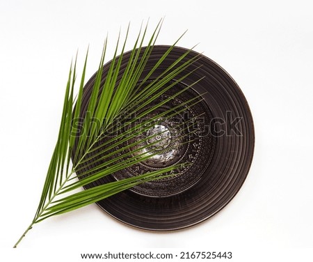 brown glass plate crossed with a fern