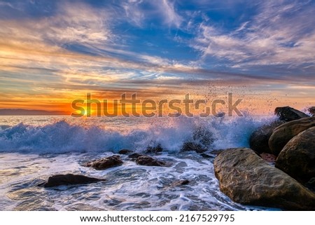 A Sunrise Back Lit Ocean Wave Is Breaking On The Beach Shore In High Resolution Image Format