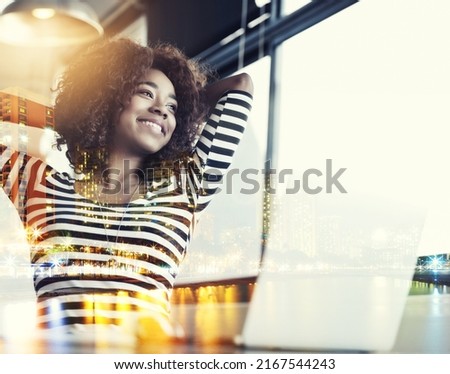 Making her dreams happen in the city. Multiple exposure shot of a businesswoman superimposed against a city. Royalty-Free Stock Photo #2167544243