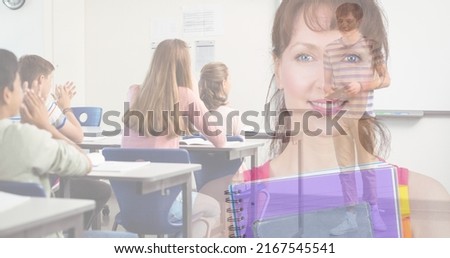 Composite of portrait of caucasian woman with books and multiracial students studying in classroom. International youth day, togetherness, education, celebration, cultural and legal issues awareness.