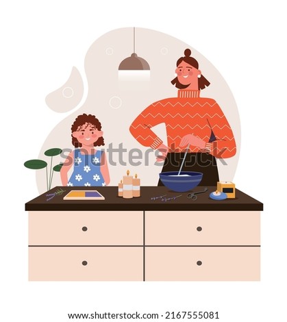 Workshop soap concept. Mother om helps her daughter to do interesting thing. Development of creativity in children, aromatherapy. Comfort and coziness in apartment. Cartoon flat vector illustration