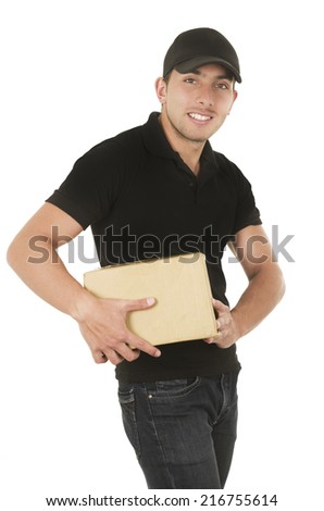 happy friendly confident delivery man carrying box isolated on white