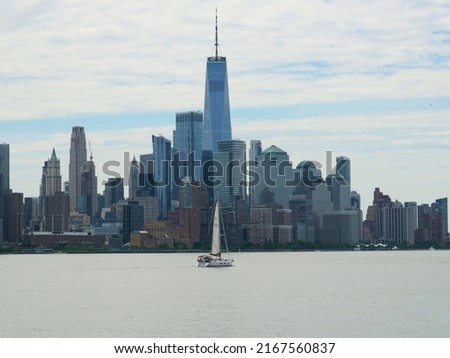 Sail Boat in the Hudson River With New York Skyline Freedom Tower