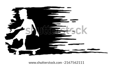 Vector illustration of skateboarder silhouette on background simulating a brush stroke.