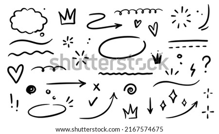Sketch underline, emphasis, line shape set. Hand drawn swirl swoosh, love, speech bubble, underline element. Vector illustration. Royalty-Free Stock Photo #2167574675