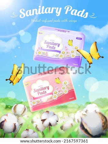 Sanitary pads ad. 3D Illustration of two sanitary pad packages floating over a cotton field on a sunny day with yellow butterflies flying through. Concept of soft textured pads with wings Royalty-Free Stock Photo #2167597361