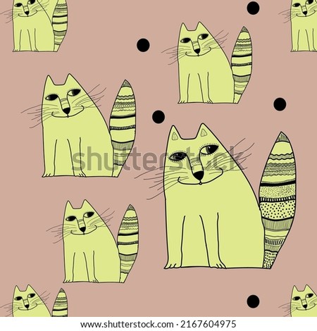 Yellow cats on a pink background. Vector seamless pattern.