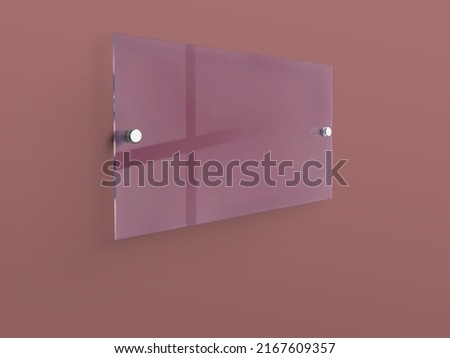 Pink rectangle transparent glass nameplate plate on spacer metal holders. Clear printing board for branding. Acrylic advertising signboard on rose background mock-up side view. proportional 1 to 2.