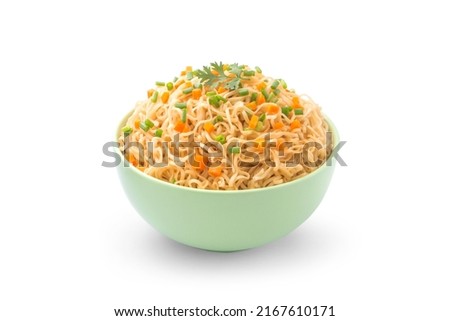 Noodles in green bowl isolated on white background.