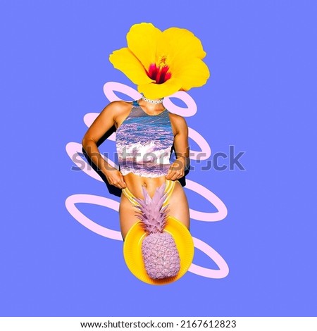 Contemporary minimal surreal art collage. Tropical flowers retro Lady fashion beach style. Vacation, summer time, party concept Royalty-Free Stock Photo #2167612823