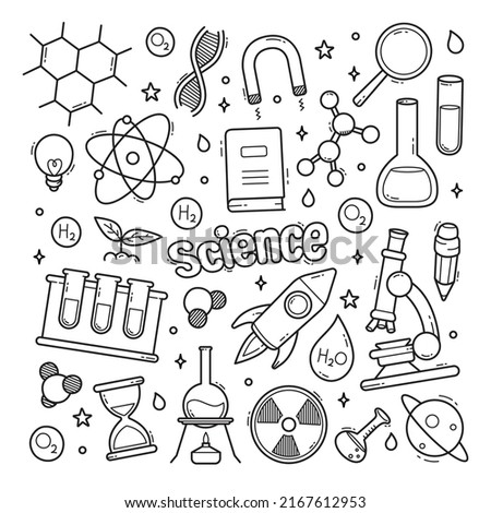 Vector hand drawn doodle cartoon set of science theme items