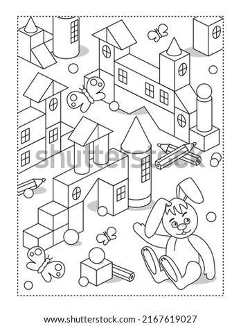 Coloring page with toy town built of various building blocks and retro stuffed toy hare
