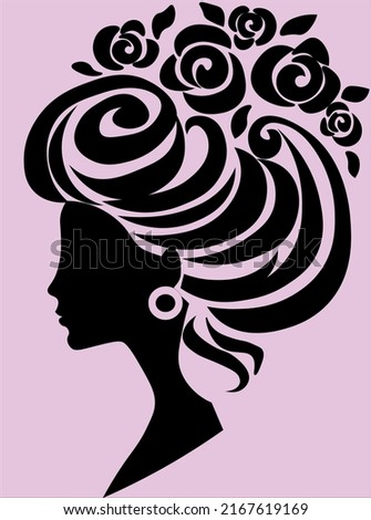 
Pretty girl with luxurious hairstyle and roses in her hair on dirty pink. 