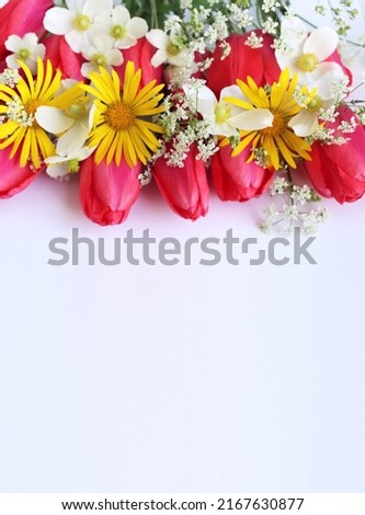 A summer holiday bouquet with red tulips and yellow daisies on a white background. Background for a greeting card.
