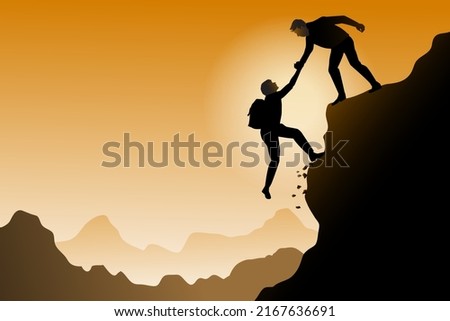 Teamwork trekking couples help each other trust help shadows in the mountains, sunset. Teamwork of two male climbers help each other on top of the climbing team, sunset landscape. vector, illustration